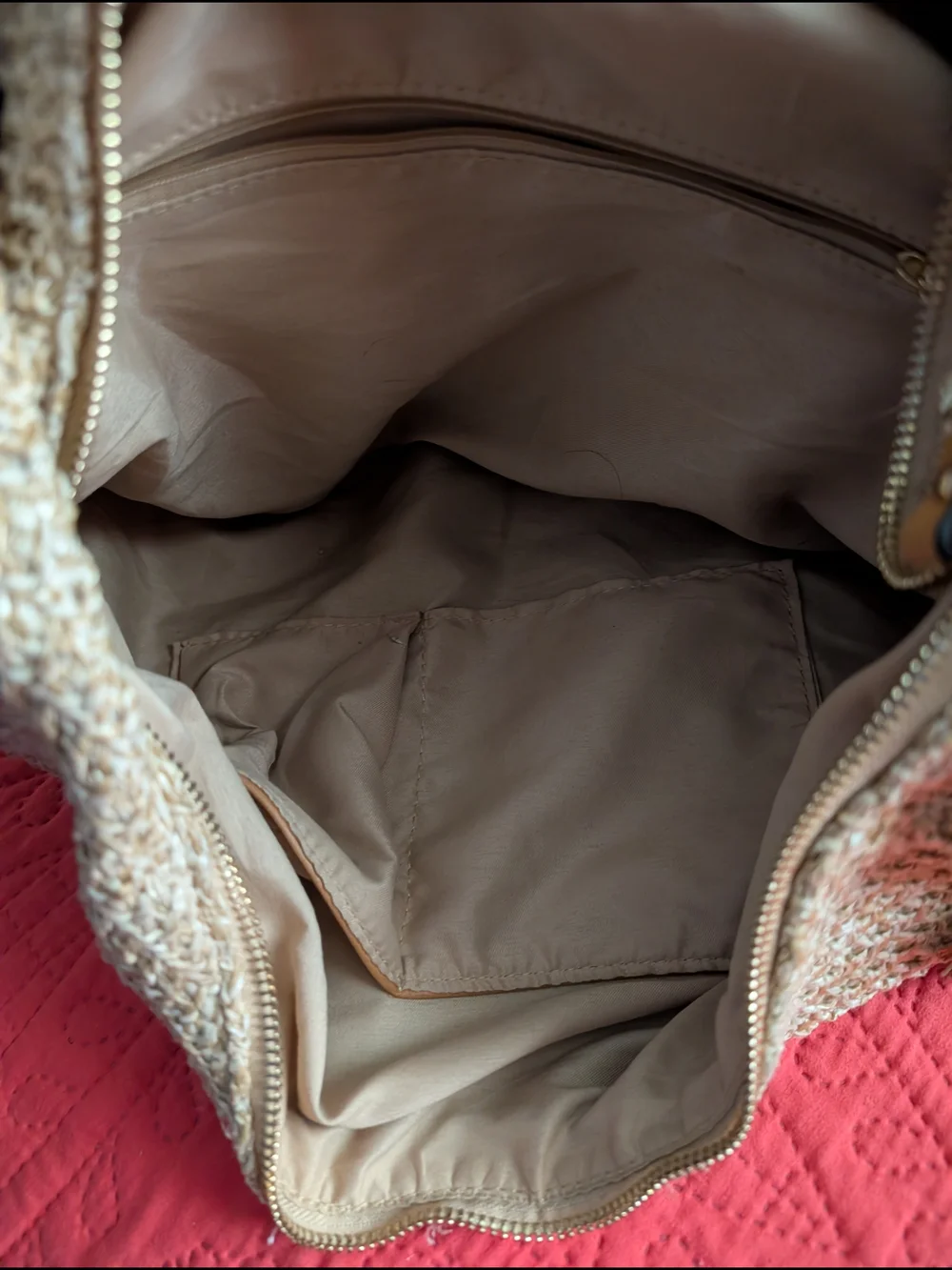 Woven Beige Straw Hobo Bag with Tan Floral Appliqués